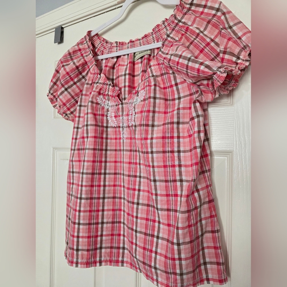 Bit & Bridle Womens Pink Brown Gingham Embroidered Puff Sleeve Top Size Large